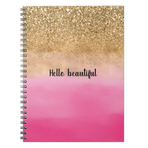 Girly Pink Watercolor Gold Glitter Glitz Confetti Notebook