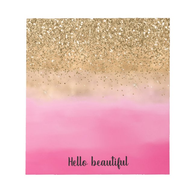 Girly Pink Watercolor Gold Glitter Glitz Confetti Notepad (Front)