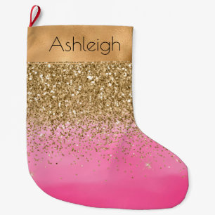 Girly Pink Watercolor Gold Glitter Glitz Large Christmas Stocking
