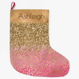 Girly Pink Watercolor Gold Glitter Leopard Print Large Christmas Stocking