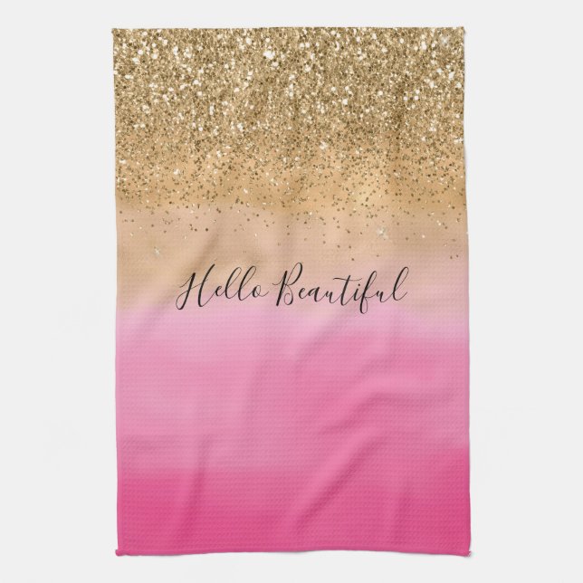 Girly Pink Watercolor Gold Glitter Tea Towel (Vertical)