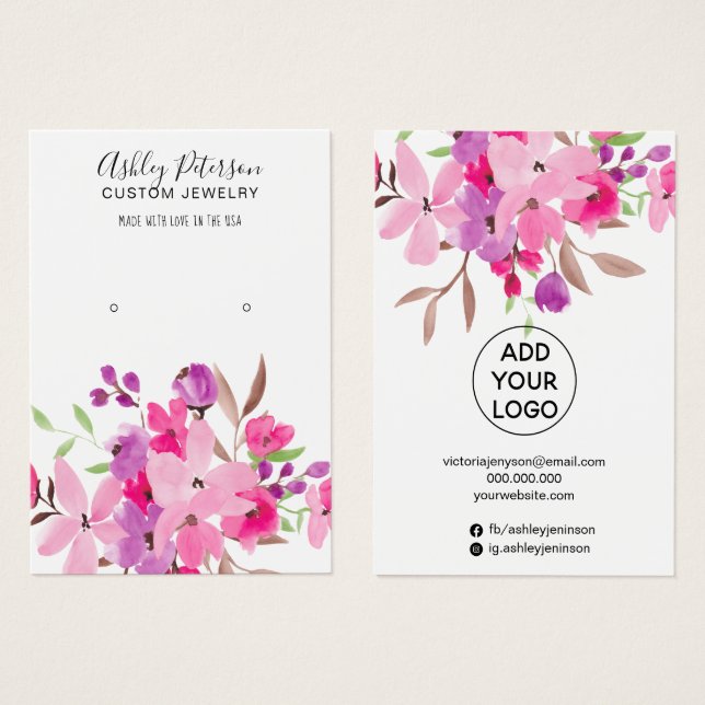 Girly pink watercolor jewellery earring display (Front & Back)