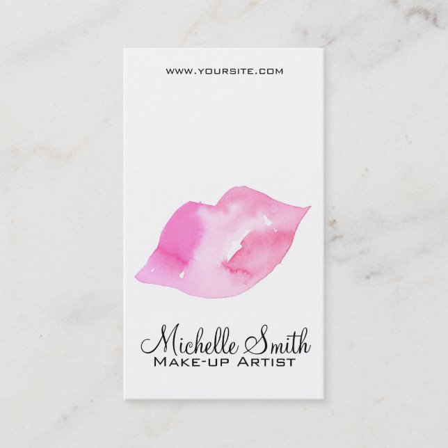 Girly Pink Watercolor Lips Makeup Artist Beauty  Business Card (Front)