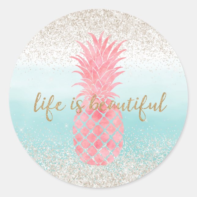 Girly Pink Watercolor Tropical Pineapple Classic Round Sticker (Front)