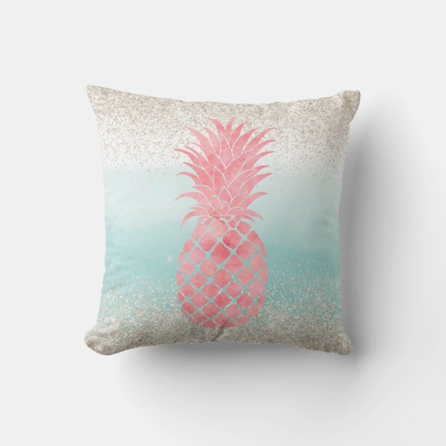 Girly Pink Watercolor Tropical Pineapple Cushion (Front)