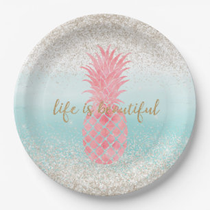 Girly Pink Watercolor Tropical Pineapple Paper Plate
