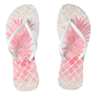Girly Pink Watercolor Tropical Pineapple Thongs