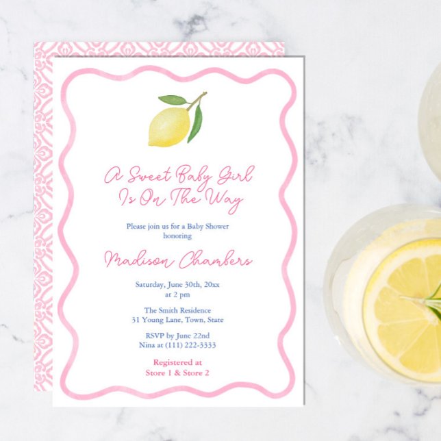 Girly Pink Wavy Line Lemon Sweet Baby Girl Shower Invitation (Sweet Baby Girl Pink citrus shower invitation cards with vintage pink tile backer and wavy border)