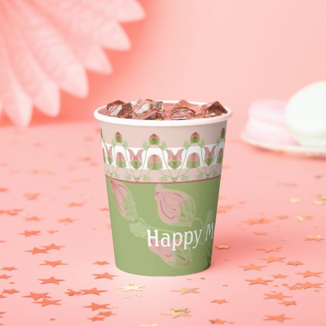 Girly Pink White and Green Paper Cups (Insitu)
