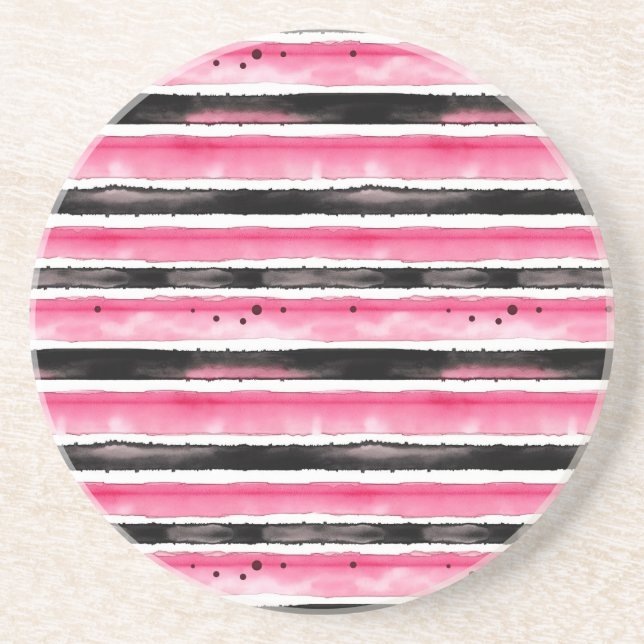 Girly Pink White Black Stripes Coaster (Front)