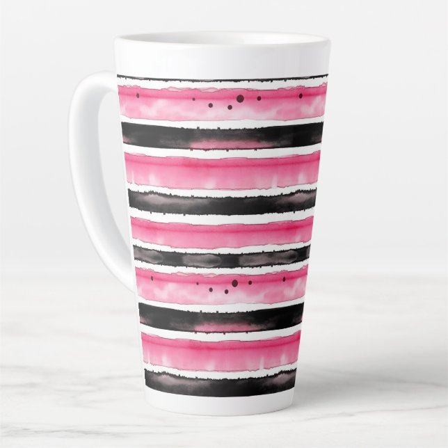 Girly Pink White Black Stripes Latte Mug (Left Angle)