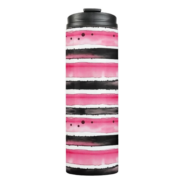 Girly Pink White Black Stripes Thermal Tumbler (Front)