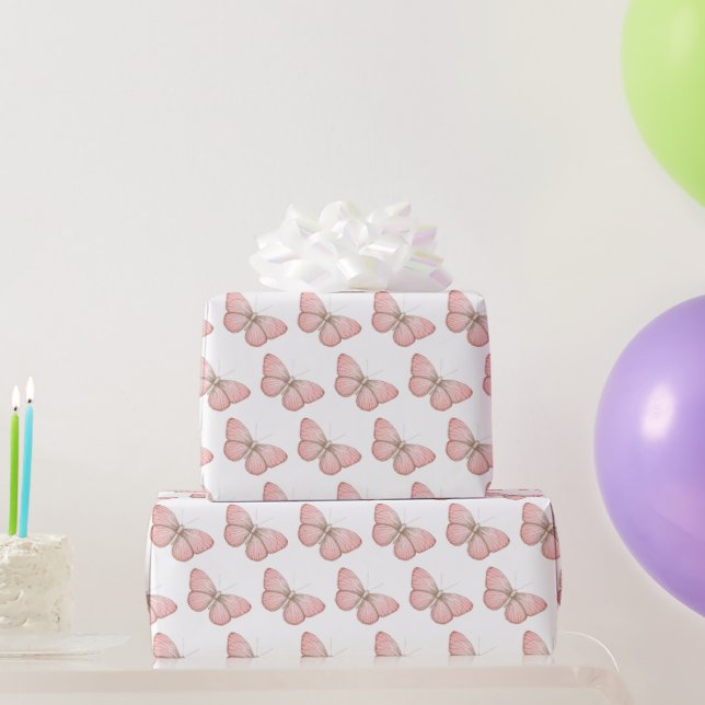 Girly Pink White Butterflies Birthday Wrapping Paper (Party Gifts)