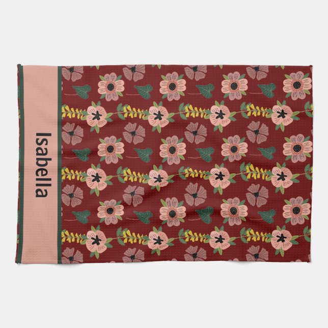 Girly Pink White Flowers Botanical Pattern Name  Tea Towel (Horizontal)
