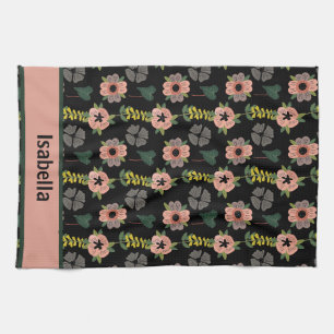Girly Pink White Flowers Botanical Pattern Name  Tea Towel