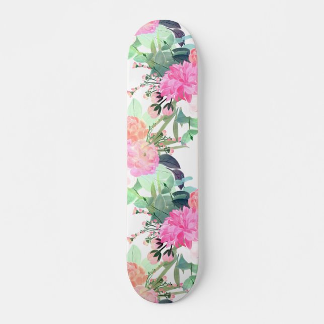Girly Pink & White Flowers Watercolor Paint Skateboard (Front)
