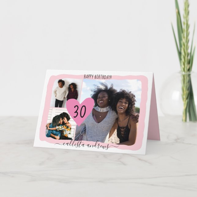 Girly Pink White Four Photo Collage Happy Birthday Holiday Card (Front)