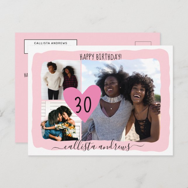 Girly Pink White Four Photo Collage Happy Birthday Holiday Postcard (Front/Back)