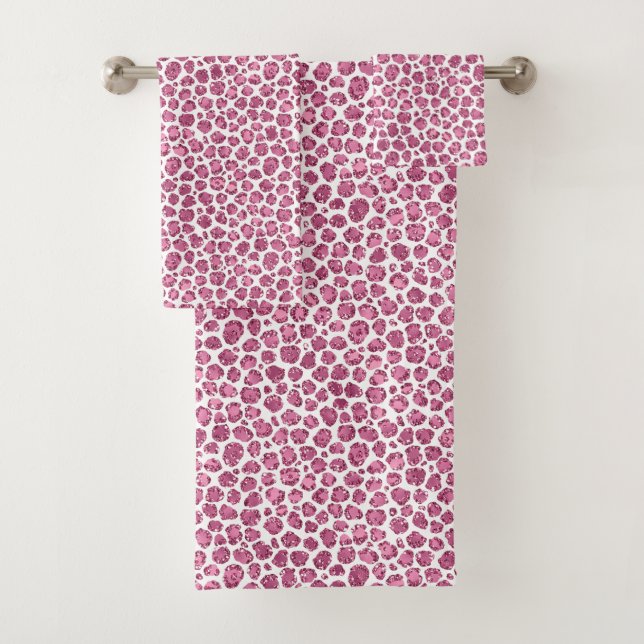 Girly Pink White Glam Glitter Leopard Print   Bath Towel Set (Insitu)