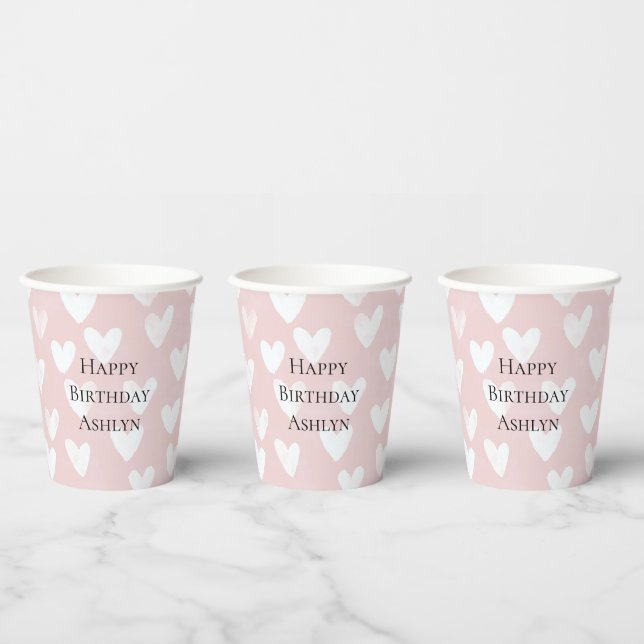 Girly Pink White Hearts Birthday Paper Cups (Multi)