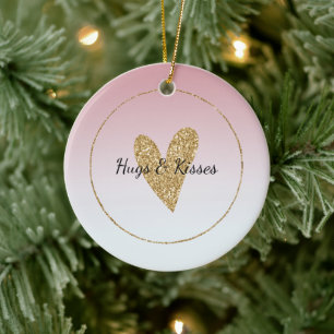 Girly Pink White Ombre Gold Glitter Heart Ceramic Ornament