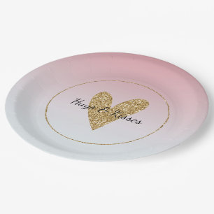 Girly Pink White Ombre Gold Glitter Heart Paper Plate
