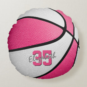 girly pink white personalised basketball round cushion