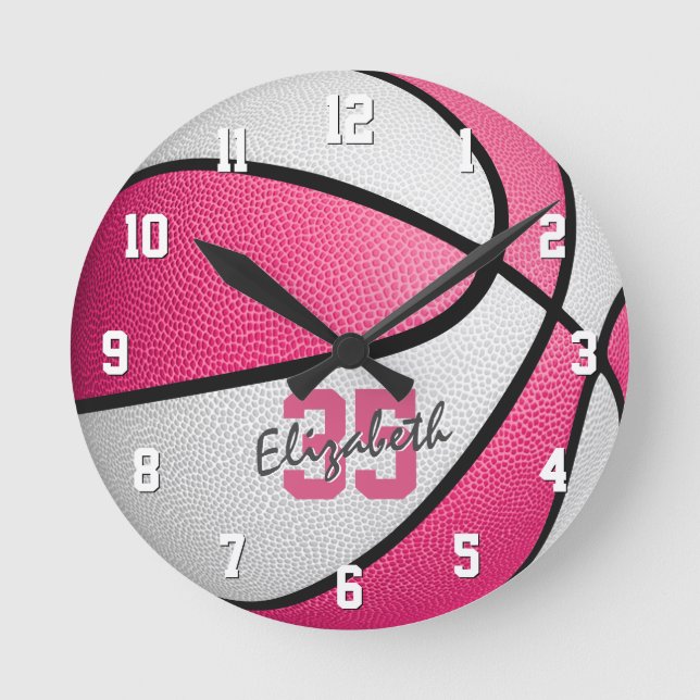 girly pink white personalized basketball round clock (Front)