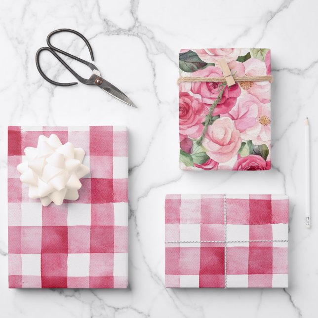 Girly Pink White Plaid Stripes Bridal Shower Wrapping Paper Sheet (Front)