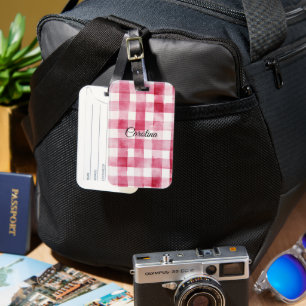 Girly Pink White Plaid Stripes Luggage Tag