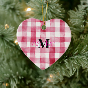 Girly Pink White Plaid Stripes Monogram Christmas Ceramic Ornament