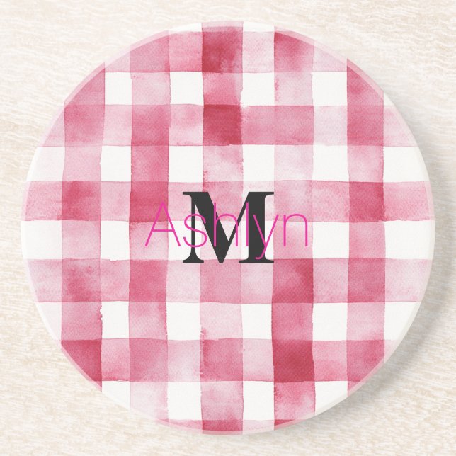 Girly Pink White Plaid Stripes Monogram  Coaster (Front)