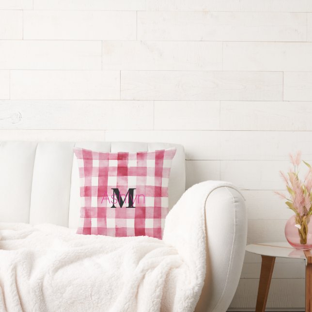 Girly Pink White Plaid Stripes Monogram  Cushion (Couch)