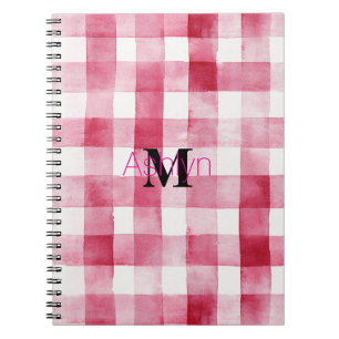 Girly Pink White Plaid Stripes Monogram Notebook