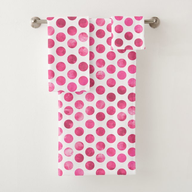 Girly Pink White Polka Dots Modern Trendy Bath Towel Set (Insitu)