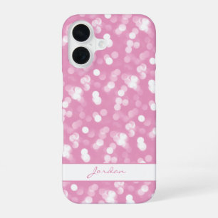Girly Pink & White Sparkle Glitter w/ Name iPhone 16 Case