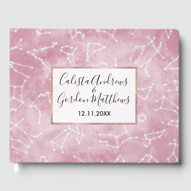 Girly Pink White Star Zodiac Constellations Nebula Guest Book (Front)