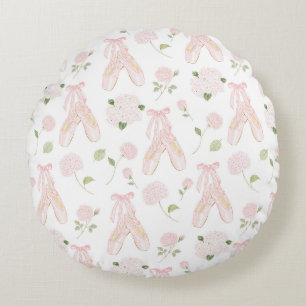 Girly Pink White Stripes Ballet Shoes Floral Round Cushion