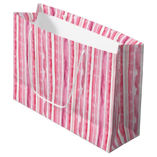Girly Pink White Stripes Large Gift Bag (Front Angled)