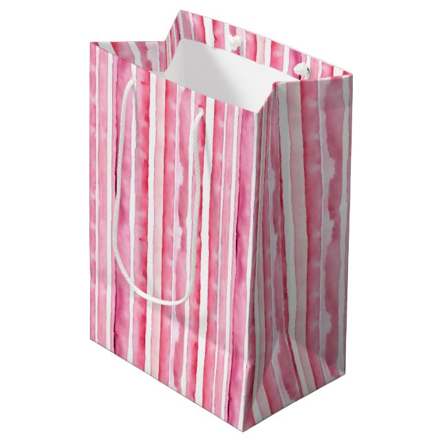 Girly Pink White Stripes Medium Gift Bag (Front Angled)