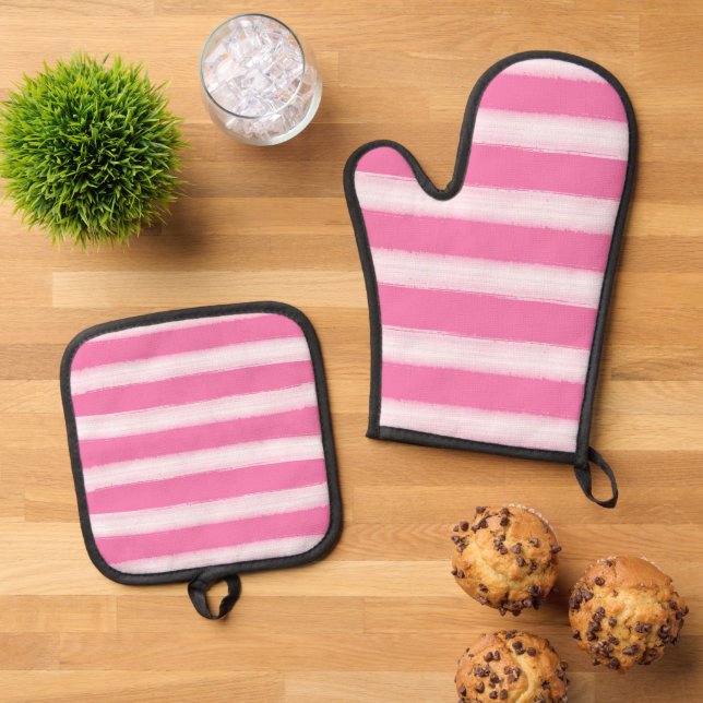Girly Pink White Stripes Oven Mitt & Pot Holder Set (Top Down)