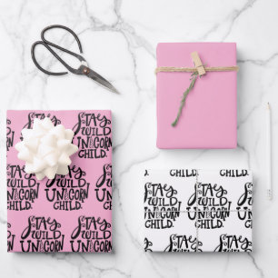 Girly Pink Wild Unicorn Birthday Wrapping Paper Sheet
