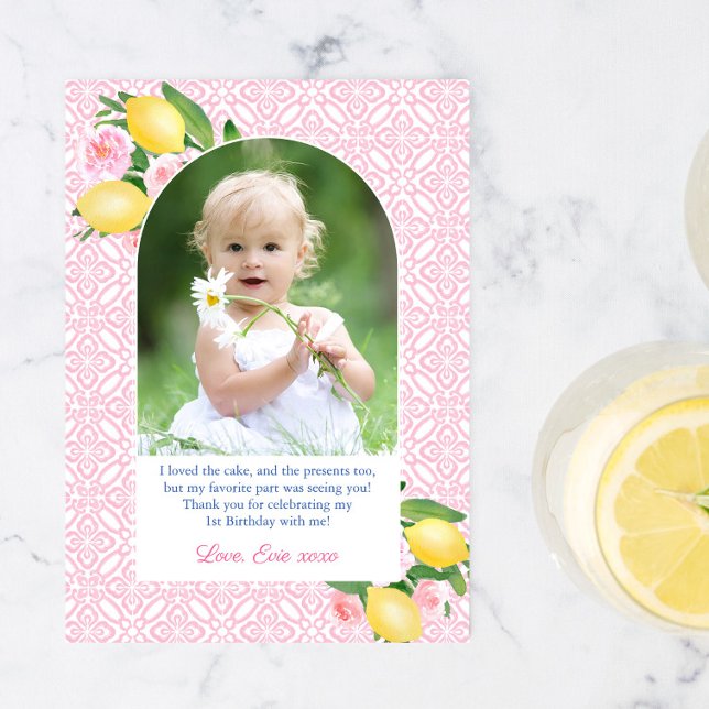 Girly Pink With Citrus Lemons Birthday Party Photo Thank You Card (Birthday party thank you with girly pink and white vintage tile print with photo in arch frame. )