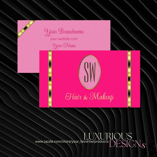 Girly Pink with Monogram Gold Stripes Professional Business Card (Creator Uploaded)