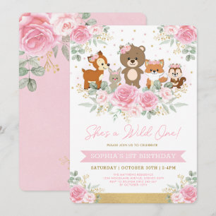 Girly Pink Woodland Floral Wild One 1st Birthday Invitation