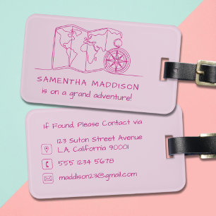 Girly Pink World Map & Compass Line Art Adventure Luggage Tag