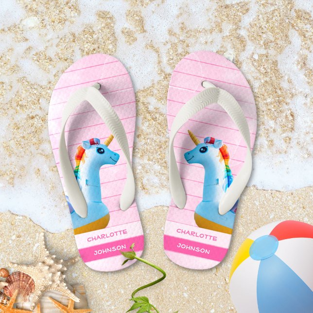 Girly Pink Yellow Blue Unicorn Name Kid's Thongs (Girly Pink Yellow Blue Unicorn Name Kid's Flip Flops ©Susanne Sachers - Sunny Mind 🌞)