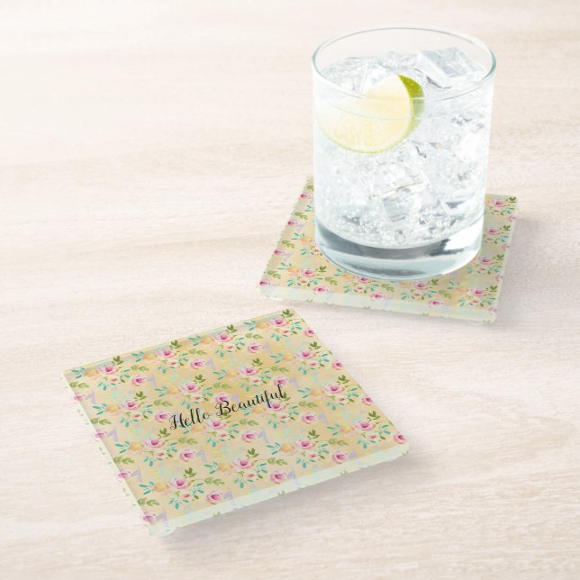 Girly Pink Yellow Floral Glass Coaster (Angled)