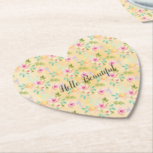 Girly Pink Yellow Floral Paper Coaster