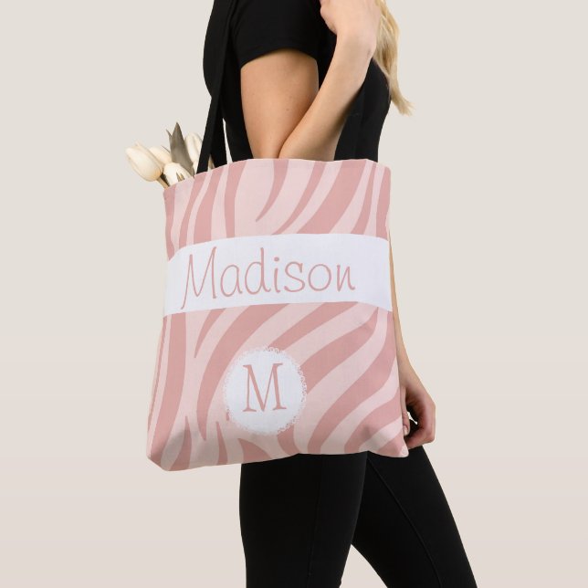 Girly Pink Zebra Animal Print Initial Monogram Tote Bag (Close Up)